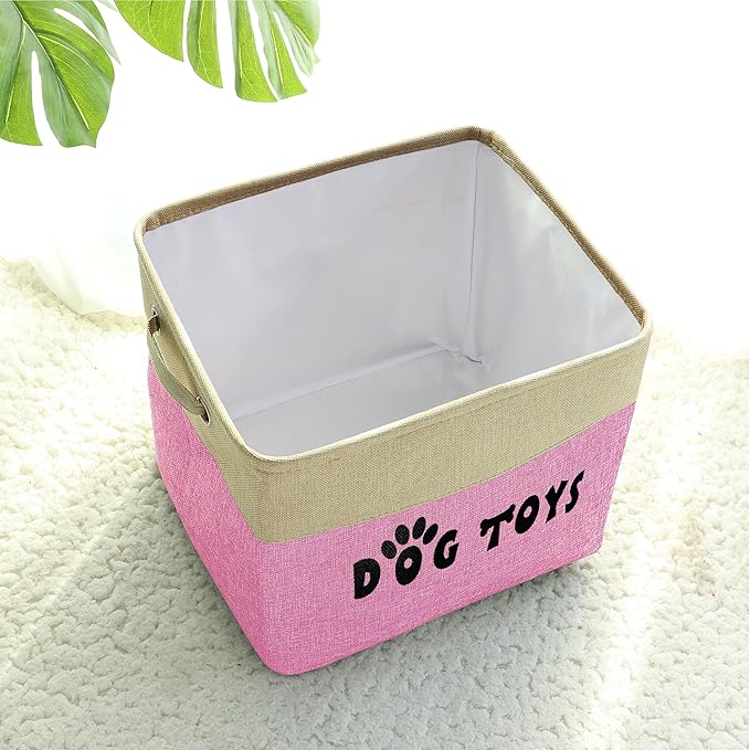 PET ARTIST Large Dog Toy Basket Bin - Rectangular Storage Box Chest Organizer for Dog Toys,Coats,Clothing,Apparel & Accessories & Blanket,Pink,15"x13"x12"
