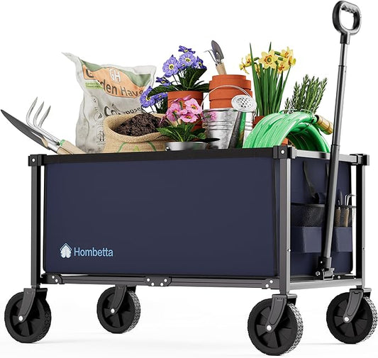 29.3" Collapsible Wagon Cart, 150L Heavy Duty Folding Utility Wagon with Wheels, 260 lbs Load, Portable Rolling Cart for Garden, Shopping, Sports, Camping, DarkBlue