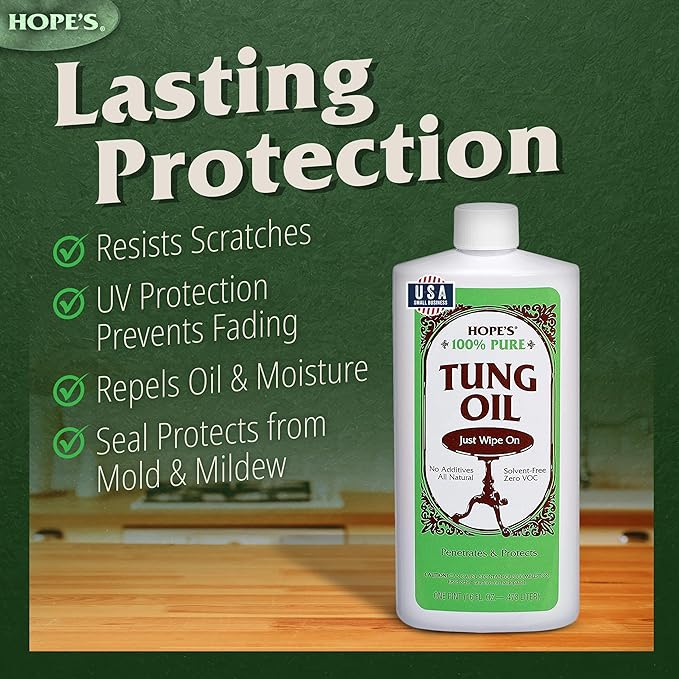 HOPE'S 100% Pure Tung Oil, Food Safe, Premium Waterproof Natural Wood Finish and Sealer for Indoor and Outdoor Projects,16 Fl Oz, 1 Pack