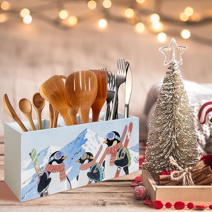 Winter Skiing Penguin Pen Pencil Holder Organizer for Desk, Penguin Gifts for Women, Winter Snowy Mountains Animal Wood Cooking Kitchen Utensils Utensil Organizer Holder Decor