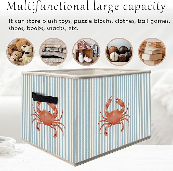 Blue Coastal Beach Crab Storage Bins Box with Handles, Blue Striped Ocean Crab Collapsible Fabric Storage Basket Box Organizer for Bedroom Bathroom Clothes Toys Books