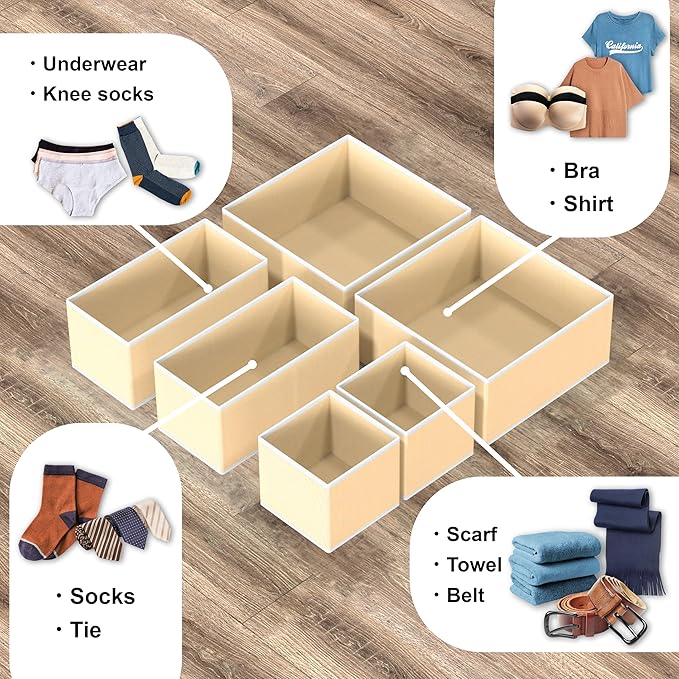 Simple Houseware Foldable Drawer Organizer Set of 12, Beige – Fabric Storage Bins for Clothes, Underwear, Bra, Panty, Socks, Onesies – Closet & Dresser Drawer Dividers for Home Organization