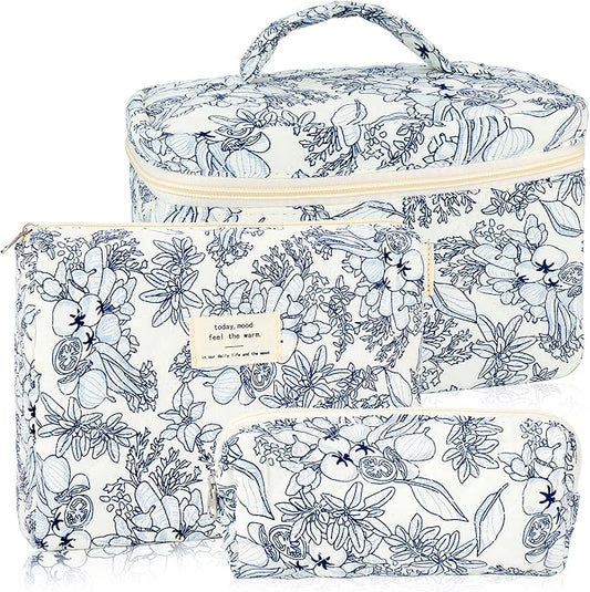 3Pcs Cotton Quilted Makeup Bag for Women Girls Large Small Travel Black Floral Cosmetic Bags Set Cute Coquette Makeup Pouch for Purse Aesthetic Cloth Flower Storage Toiletry Bag Organizer