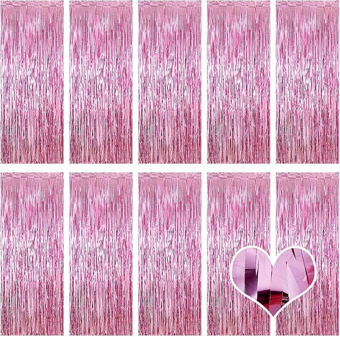 10 Pack Pink Backdrop Curtain 3.2ft x 8.2ft Metallic Tinsel Foil Fringe Curtains Photo Booth Background for Birthday Party Decoration Baby Shower Engagement Wedding Christmas Decoration (Pink)