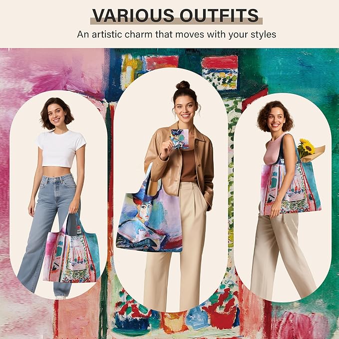 Reusable Grocery Bags, Oil Painting Art Tote Bags With Carry Pouch Waterproof Shopping Bags for Travel Daily Use