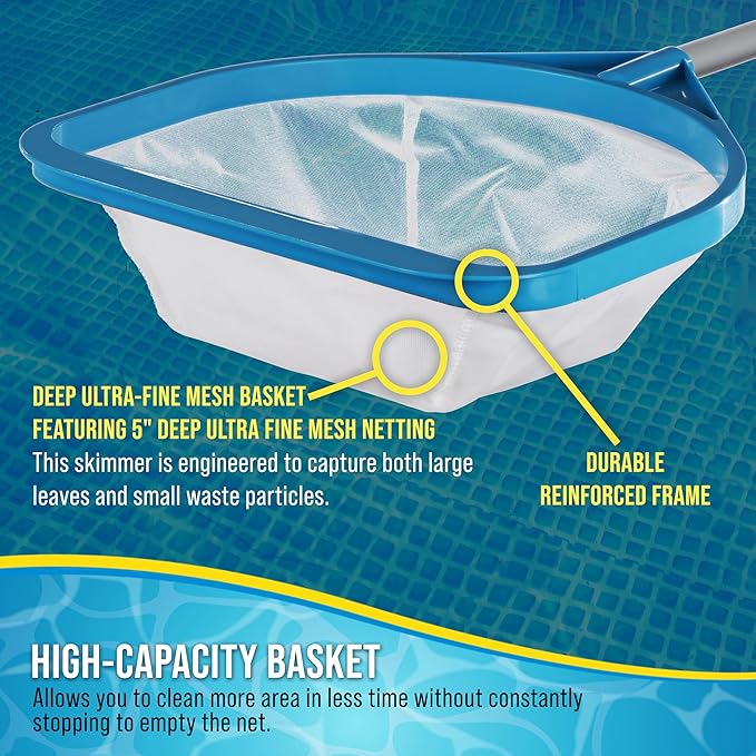 U.S. Pool Supply Pool and Spa Skimmer Net with Pole, 30" Long Handheld Ultra-Fine Mesh Pool Skimmer Net - Hand Held Spa, Hot Tub, Pond Cleaning - 17" Pole Handle, Deep Leaf Netting, Scoop Skim Leaves