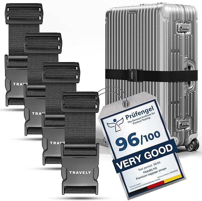 TRAVELY Luggage Straps - Particularly conspicuous & Secure - Incl. 4 Name Tags - Luggage Strap Ideal crosswise - [Set of 4]