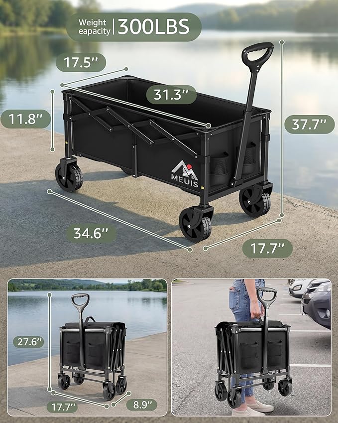 Collapsible Wagon Cart with Wheels - 300LBS Heavy Duty Folding Wagon for Groceries Shopping Outdoor Apartment Portable Foldable Utility Grocery Trolley, Black, XL