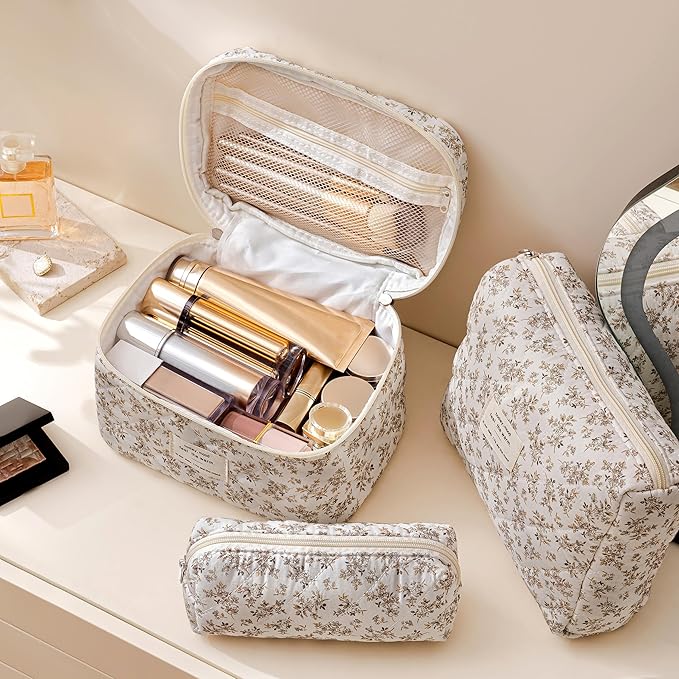 HBselect Quilted Makeup Bag, 3PCS Cotton Large Travel Makeup Bag, Cute Floral Coquette Make up Bag Cosmetic Bag Toiletry Bag for Women Girls