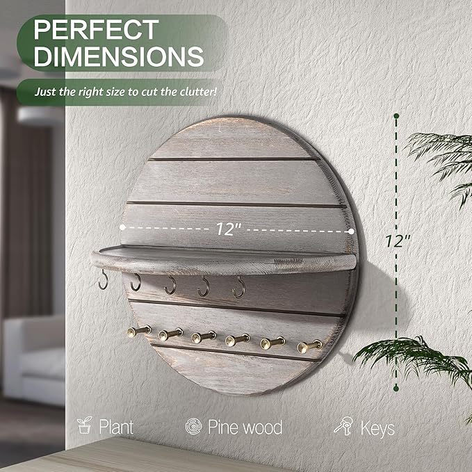 Rebee Vision Pine Wood Rustic Key Holder Wall Mount - Modern Key and Mail Holder for Wall with Shelf & Hooks - Elevate Your Space with Chic Aesthetic Home Decor in Apartment Essentials (Old Gray)
