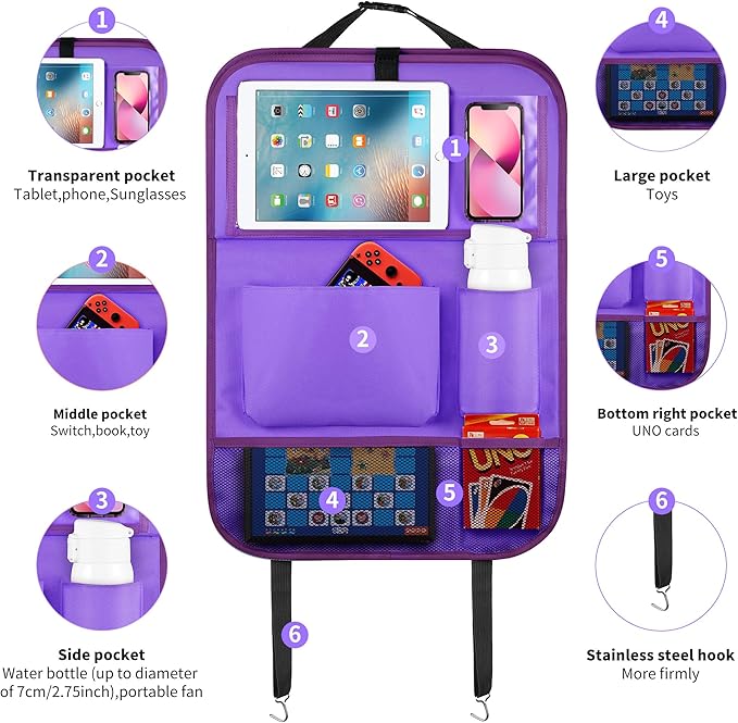 LUCMO Car Backseat Organizer with Tablet Holder, 6 Storage Pockets Car Storage Organizer with Foldable Food Tray, Seat Protectors Kick Mats Travel Accessories - Dark Purple