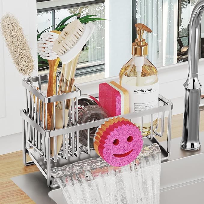 Sponge Holder for Kitchen Sink, Smiley Face Sink Caddy with Removable Brush Holder, Self-Draining Sponge Caddy for Soap, Dish Brush, Scrubber, Kitchen Essentials and Gadgets - Silver