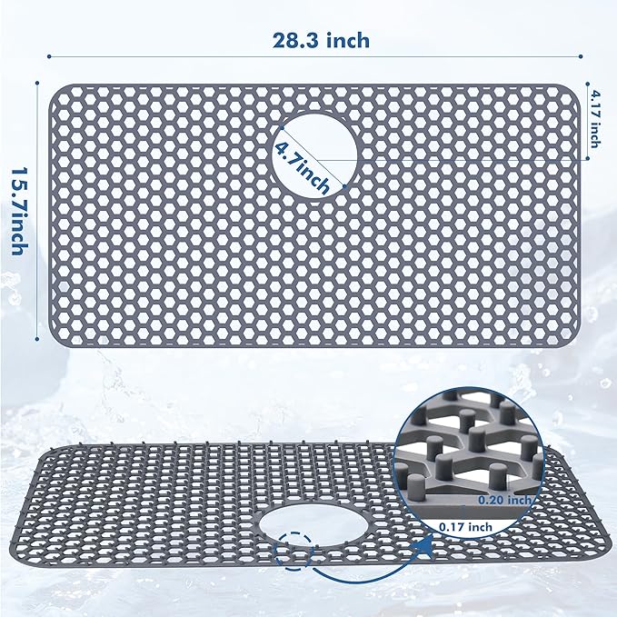 Silicone Sink Protectors for Kitchen Sink with Rear Drain - 28.3"x 15.7" Kitchen Protector Accessory, Non-Slip Heat Resistant Mat for Bottom of Farmhouse Stainless Steel Porcelain (Gray)