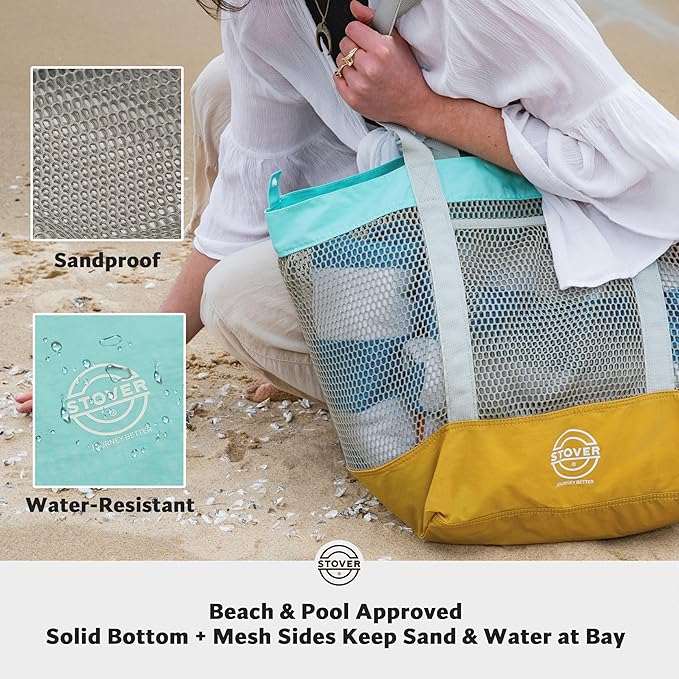 STOVER Large Mesh Beach Bag, Vacation, Pool, Shopping, & Travel Tote - Foldable w/Storage Pockets for Women, Men & Families