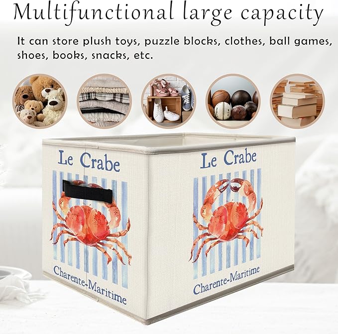 Coastal Beach Crab Storage Bins Box with Handles, Nautical Ocean Crab Collapsible Fabric Storage Basket Box Organizer for Beach House Bedroom Bathroom Clothes Toys Books
