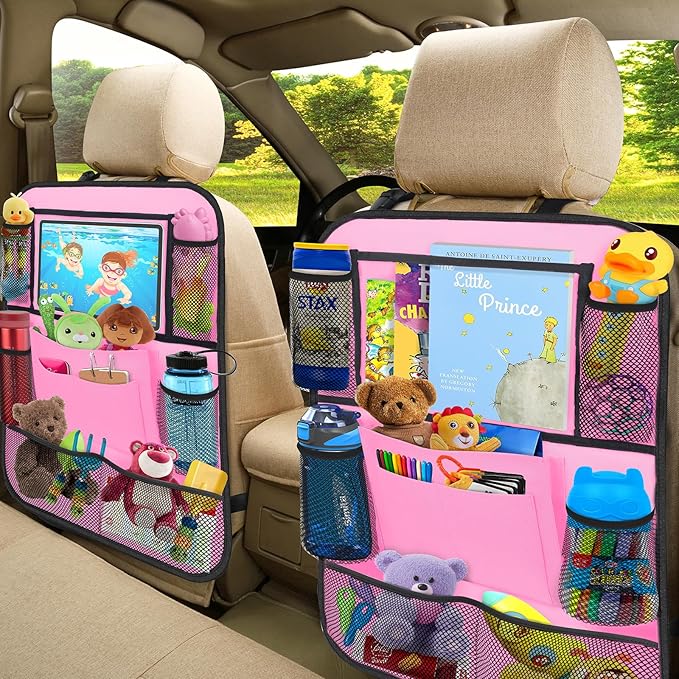 Car Backseat Organizer with 11" Tablet Holder, 10 Storage Pockets, Seat Back Protectors, Kick Mats for Kids & Toddlers, Travel Accessories, 2 Pack, Pink
