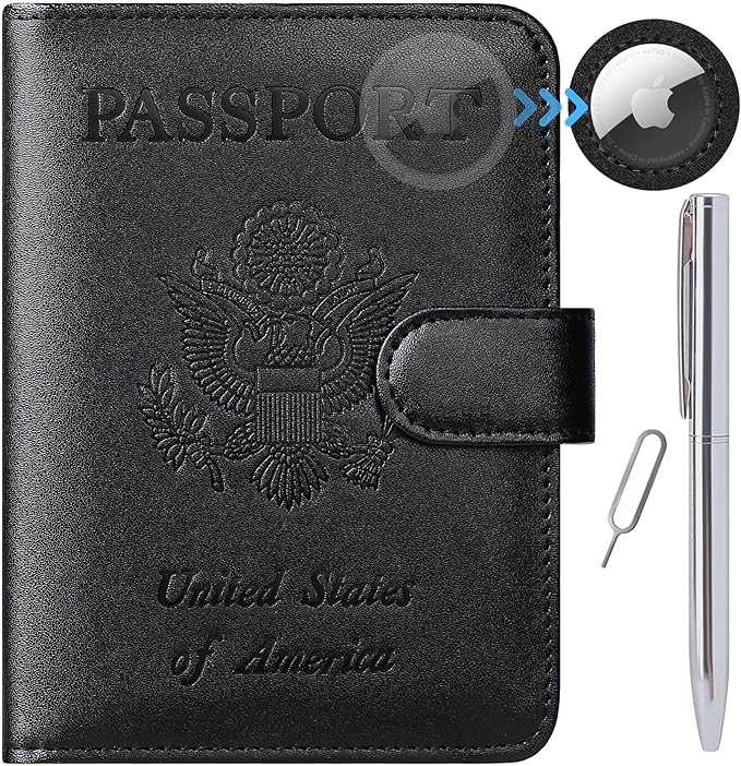 Airtag Passport Holder Cover Wallet RFID Blocking Leather Case Travel Essentials Luggage Accessories Travel Must Have(118#Black)