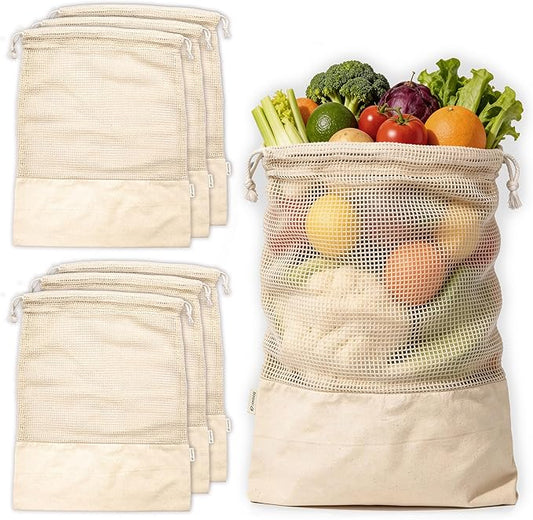 LEAFICO Reusable Produce Bags – 100% Cotton Mesh & Solid Hybrid (Large 12x15 inch 6 Pcs) – Storage Bags for Vegetables, Toys, Clothes, Travel Packing – Washable, Plastic-Free, Breathable, Zero Waste