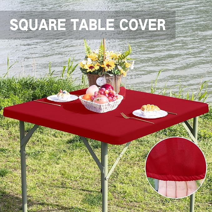 Square Fitted Table Cover Elastic Tablecloth Stretch Spandex Table Top Cover Table Topper Cap for Dining Kitchen Home Party Burgundy 36X36 Inch