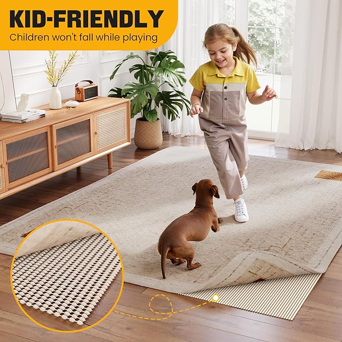 Non-Slip Rug Pad Gripper 9x12 Feet, Anti Skid Mat for Under Area Rugs, Keeps Rugs in Position and Safe, Thick Cushioned Carpet Pad for Hardwood Floors Protection