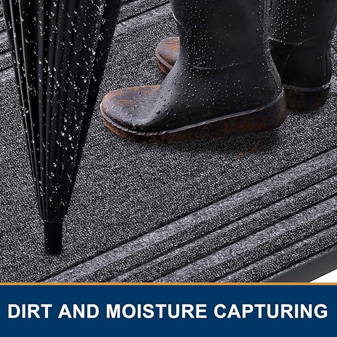 Buganda Front Door Mat Indoor Outdoor Entrance, Non-Slip Natural Rubber Doormats, Easy Clean, Low Profile, Dirt Trapper Entryway Floor Mats for Outside, Garages and Patios, 29.5x17, Silver Grey