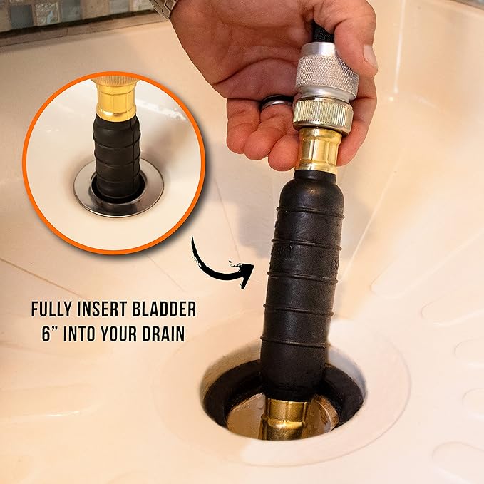 DrainX Hydro Pressure Drain Cleaning Bladder Pro - Fits 1.5" to 3" Drain Pipes - Unclogs Stubborn Blockages in Bathroom Sinks, Shower Drains, Bathtubs, Plumbing Pipes