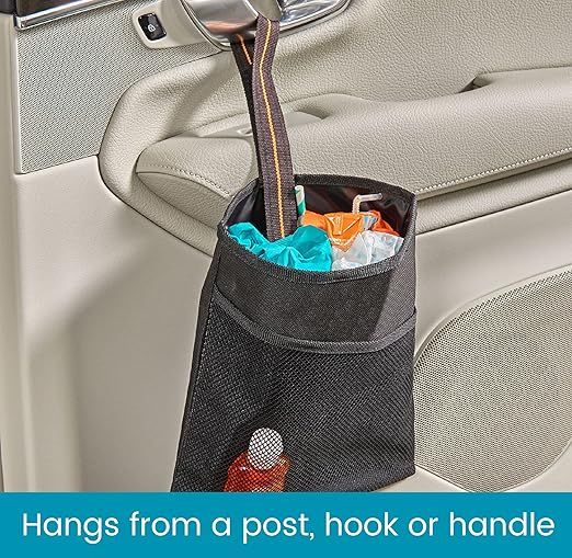 High Road Small Hanging Car Trash Bag with Waterproof Liner, Storage Pocket and Adjustable Strap - Hangs from Handles or Headrest Posts Without Taking Up Legroom