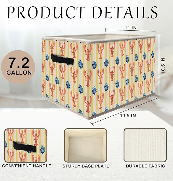 Coastal Beach Lobster Storage Bins Box with Handles, Preppy Seaside Lobster and Shellfish Ocean Collapsible Fabric Storage Basket Box Organizer for Bedroom Bathroom Clothes Toys Books