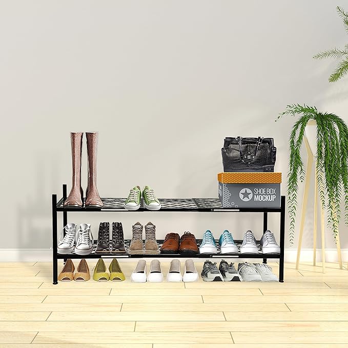 Shoe Rack, Expandable Shoes Organizer Metal Shelf Stand, 2-Tier Stackable Long Shoe Storage Holder for Closet, Floor, Entryway, Garage, Bedroom, Door Entrance for 12-18 Pairs, 45.6 Inches, Black