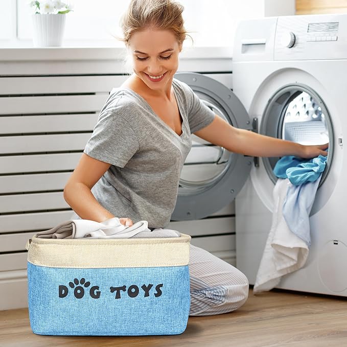 PET ARTIST Dog Toy Basket, Collapsible Dog Toy Bin Box with Comfortable Handles, Large Pet Toy Storage Organizer for Accessories, Toys, Coat & Clothing, Blanket & Leash, Blue, 15"x11"x9"