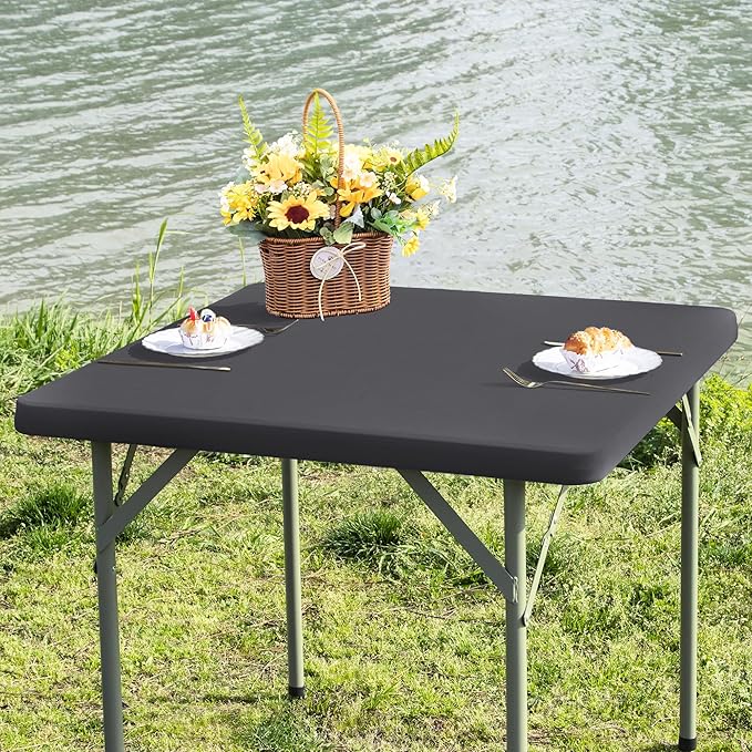 Square Fitted Table Cover Elastic Tablecloth Stretch Spandex Table Top Cover Table Topper Cap for Dining Kitchen Home Party Grey 34X34 Inch