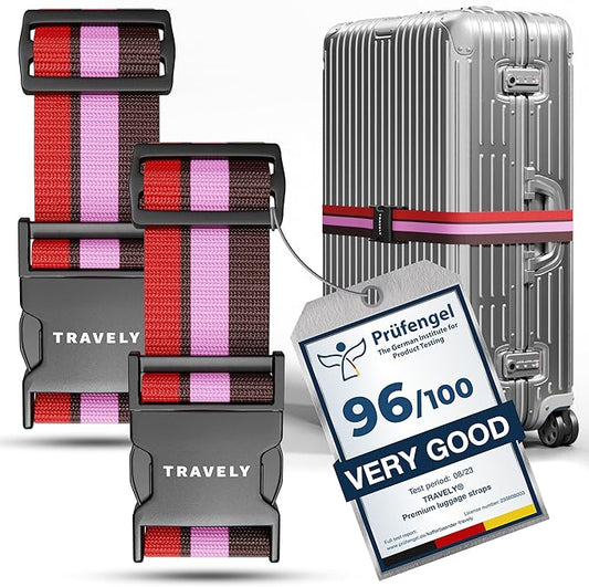 TRAVELY Luggage Straps - Particularly conspicuous & Secure - Incl. 2 Name Tags - Luggage Strap Ideal crosswise - [Set of 2]