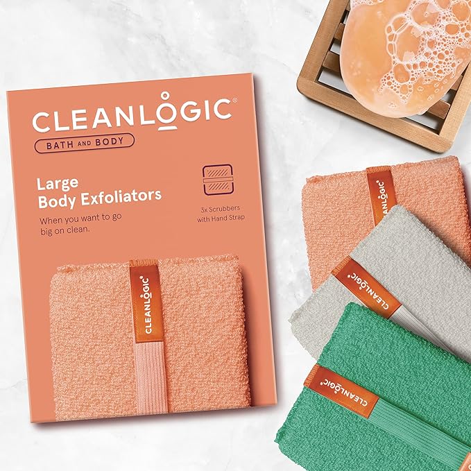 Cleanlogic Bath and Body Exfoliating Body Scrubber, Large Exfoliator Tool for Smooth and Softer Skin, Daily Skincare Routine, Assorted Colors, 3 Count Value Pack
