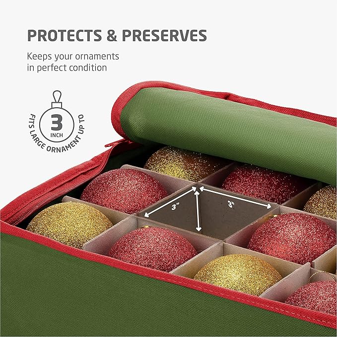 ZOBER Christmas Ornament Storage Box - Stores 64 3" Ornaments, With Dividers - Ornament Organizer Storage Box, Durable Christmas Containers Holder, Dual Zipper - Green