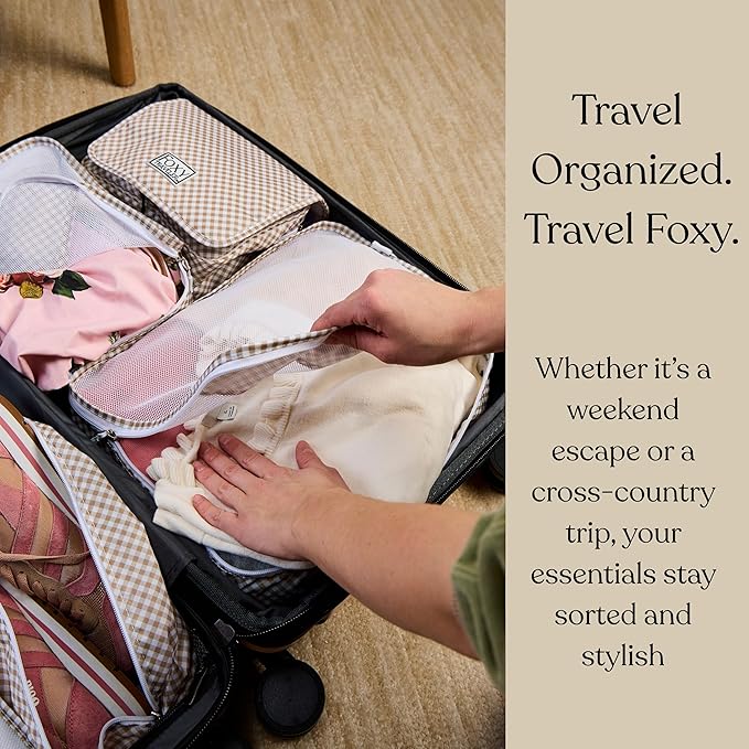 9 Set Packing Cubes - Suitcase Organizer, Cute Packing Cubes, Travel Bags Organizer for Luggage with Hanging Toiletry and Shoe Bag, Travel Essentials for Women, Men and Kids -Gingham