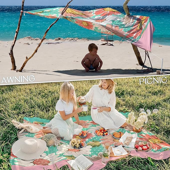 BYDOLL Beach Blanket Waterproof Sandproof 78''×81'' Suits1-4 Adults Compact Lightweight Oversized Sand-Free Blanket Large Picnic Mat for Beach Travel Camping Hiking