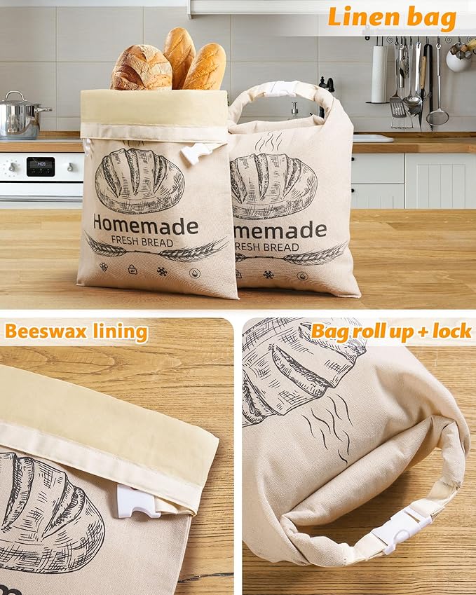 2 Pack Beeswax Bread Bags for Sourdough,Reusable Organic Linen Beeswax Bread Bag for Homemade Sourdough 17 x 12.6 Inches Food Storage Cloth Bag – Freezer-Friendly & Freshness Preservation