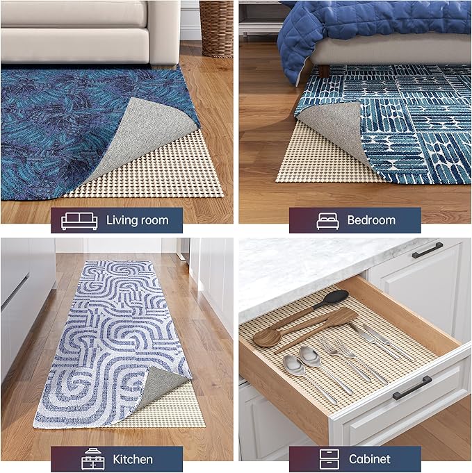 Non-Slip Rug Pad Gripper 9x12 Feet, Anti Skid Mat for Under Area Rugs, Keeps Rugs in Position and Safe, Thick Cushioned Carpet Pad for Hardwood Floors Protection