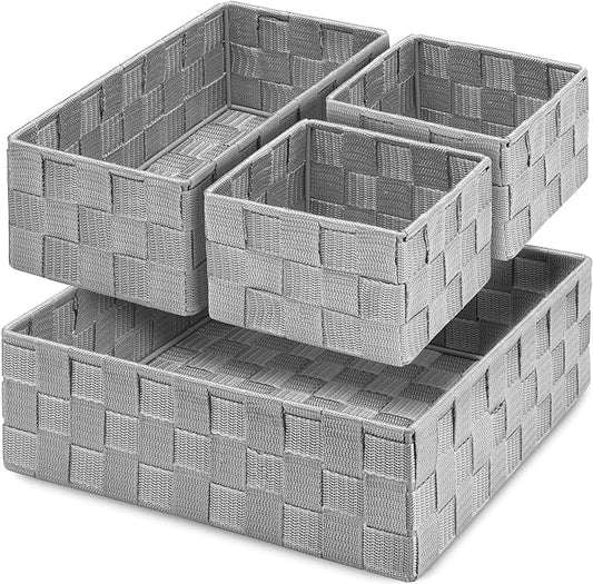 Posprica Drawer Organizer Bins, Woven Strap Storage Box Cube Basket Containers Divider for Organizing Drawers, Shelves, Closets, Cabinets, Dressers, and Countertops, Set of 4, Light Grey