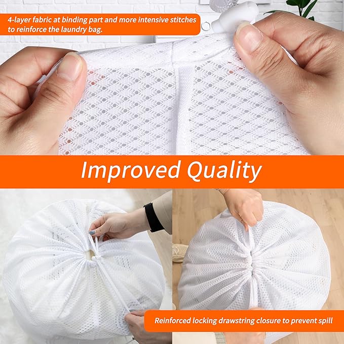 Polecasa Heavy Duty Diamond Mesh Laundry Bags 24x36" - Large Commercial Grade Laundry Bag with Drawstring & ID Tag for College Dorms, Travel, Sports Equipment – White