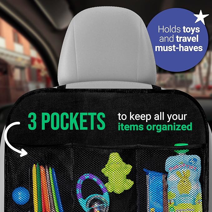 2 Pack Kick Mats Back Seat Protector - Backseat Car Organizer for Kids, Car Storage Organizer, Back Seat Cars Organizers, Cars Organizers Backs Seats, Travel Accessories, 3 Pockets