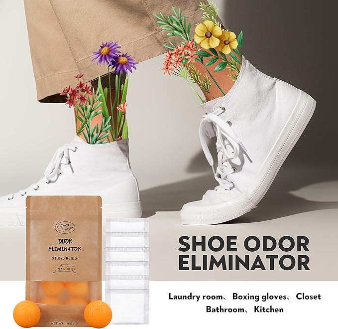 12 Pack Baking Soda Deodorizers, 6 Deodorizer Balls + 6 Refills, Odor Eliminator for Shoes Closets Bathroom Pets, Air Freshener for Home, Up to 240 Days