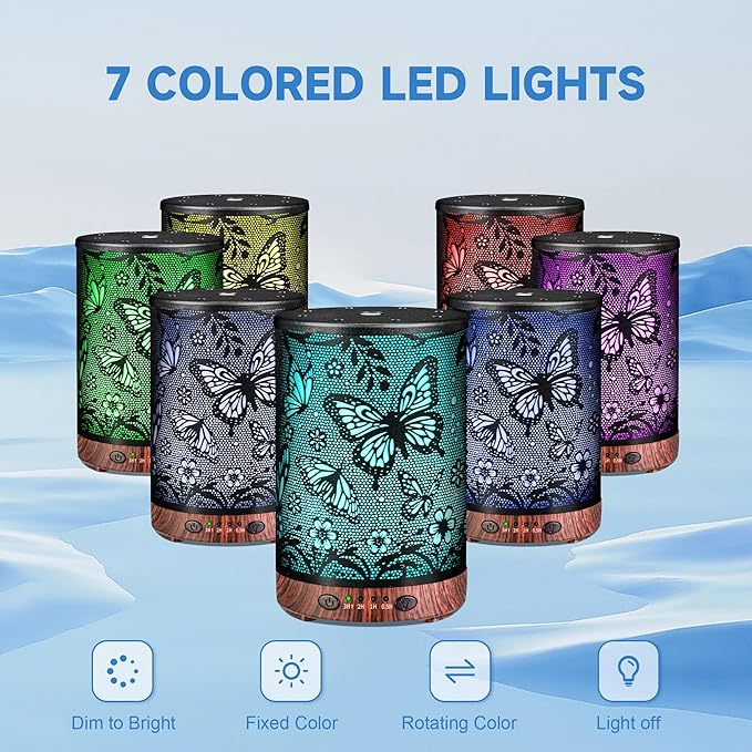 Essential Oil Diffuser Metal Aromatherapy Diffuser, Cool Mist Diffuser with 7 Color Lights for Home Office Spa (Big Butterfly)