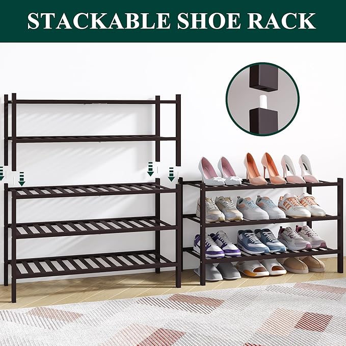 Smiry Bamboo Shoe Rack for Closet, 3 Tier Wooden Stackable Shoe Organizer, Free Standing Shoes Storage Shelf for Entryway, Front Door Entrance, Brown