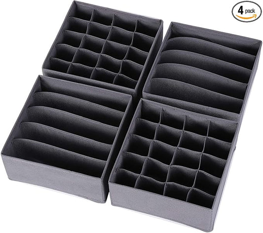 DIOMMELL 4 Pack Foldable Cloth Storage Box Closet Dresser Drawer Organizer Fabric Baskets Bins Containers Divider for Clothes Underwear Bras Socks Lingerie Clothing, Dark Grey 22-0000