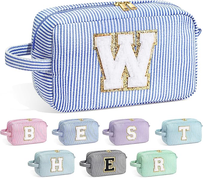 YOOLIFE Teen Girls Makeup Bag - Monogram Makeup Bags Cosmetic Toiletry Pouch Make Up Case for Women Her Best Friend Friendship Sister Teacher, Personalized Birthday Gifts for Women, Blue W