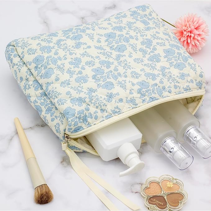 PAZIMIIK Quilted Makeup Bag Large Travel Zipper Soft Cosmetic Pouch for Women Girls Make Up, Little Flower Blue