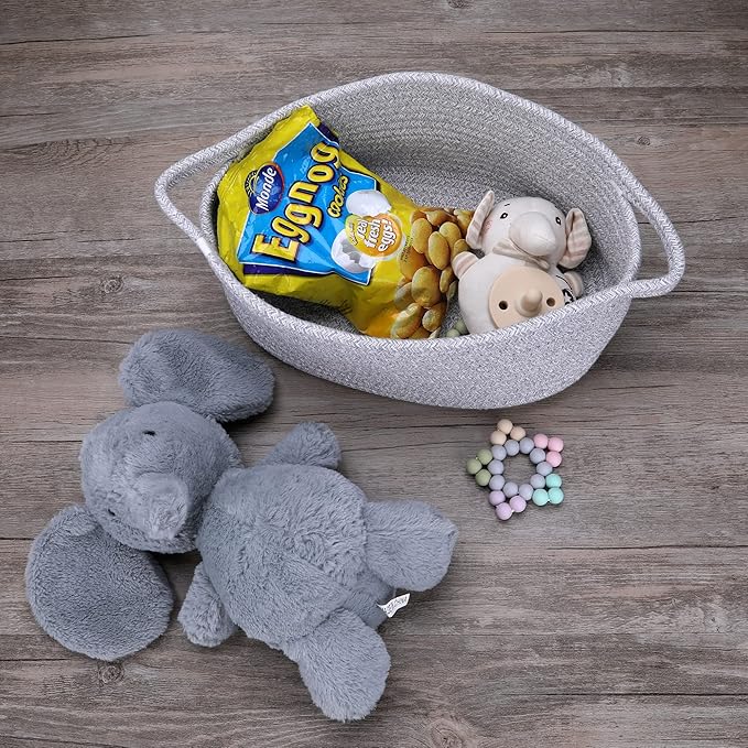 Small Woven Basket Cute Oval Cotton Rope Gifts Basket with Handle Empty Baby Wicker Storage Baskets Nursery Box Bin Kids Organizer Cat Dog Toy Baskets Easter Baskets Grey