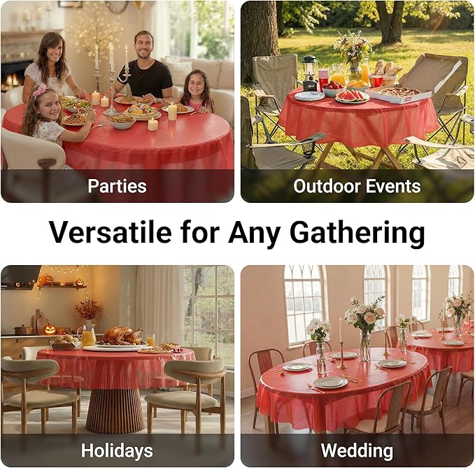 Auros Premium Plastic Tablecloths 10 Pack, 84'' Round Disposable Table Covers, Thick & Durable, Waterproof & Spill-Proof, Easy Cleanup for Parties, Wedding, Picnic, Party Red