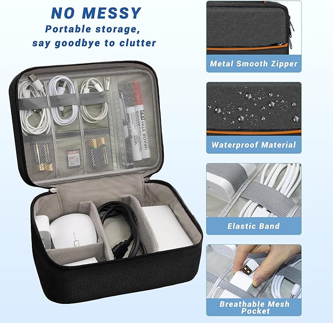 Electronics Organizer, Travel Cord Organizer Pouch, Portable Cable Organizer Bags, Waterproof Electronic Accessories Storage Case for Cables, Cords, Charger, Phone (Double Layer-Black)